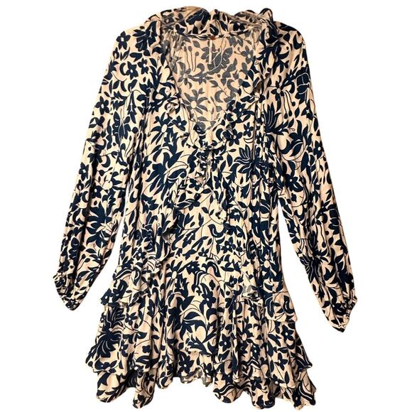 Free People Dresses & Skirts - Free People Rebecca Ruffle Blue White Long Sleeve Floral Mini Dress Sz S Boho